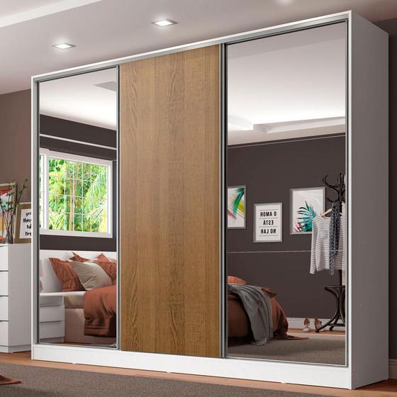 Imagem de Guarda Roupa Casal 100% MDF Madesa Royale 3 Portas de Correr com Espelhos - Branco/Rustic