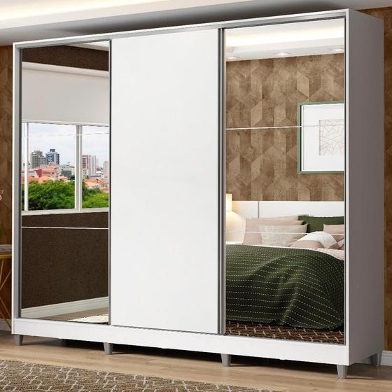 Imagem de Guarda Roupa Casal 100% MDF Madesa Zurique 3 Portas de Correr com Espelhos com Pés - Branco