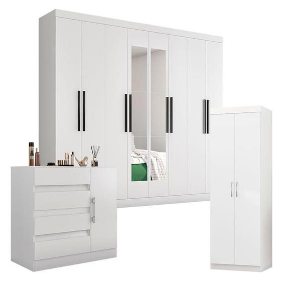 Guarda Roupa Casal 1684 com Espelho Multiuso 6020 e Cômoda 8000 Branco - Araplac Menor preço em Guarda Roupa Casal 1684 com Espelho Multiuso 6020 e Cômoda 8000 Branco - Araplac