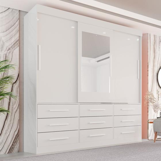 Guarda-Roupa Casal 3 Portas 9 Gavetas com Espelho Luana - Sallêto Móveis Imagem de Guarda-Roupa Casal 3 Portas 9 Gavetas com Espelho Luana