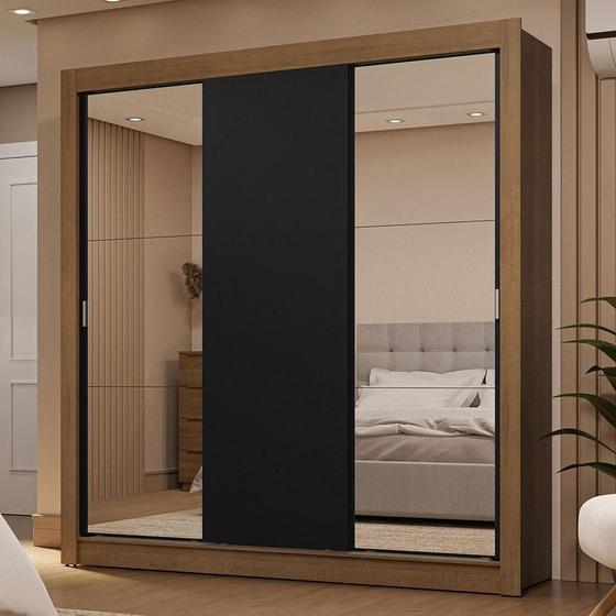 Imagem de Guarda-Roupa Casal 3 Portas de Correr com Espelhos 2 Gavetas Rustic/Preto Sublime Madesa