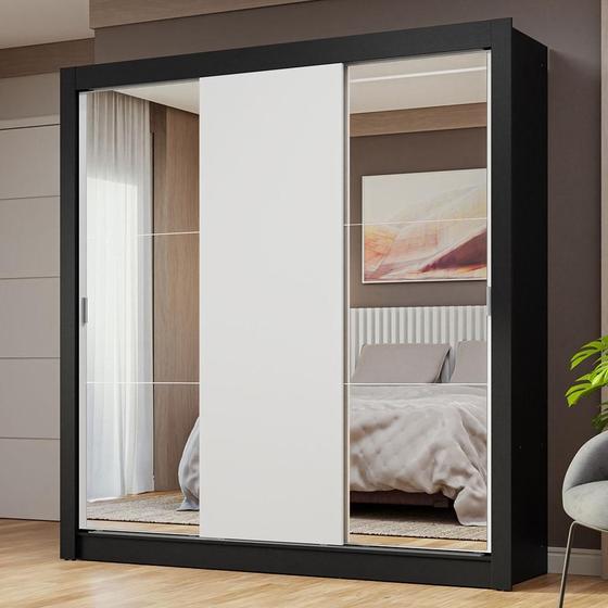 Imagem de Guarda-Roupa Casal 3 Portas de Correr com Espelhos Preto/Branco Nobre Madesa