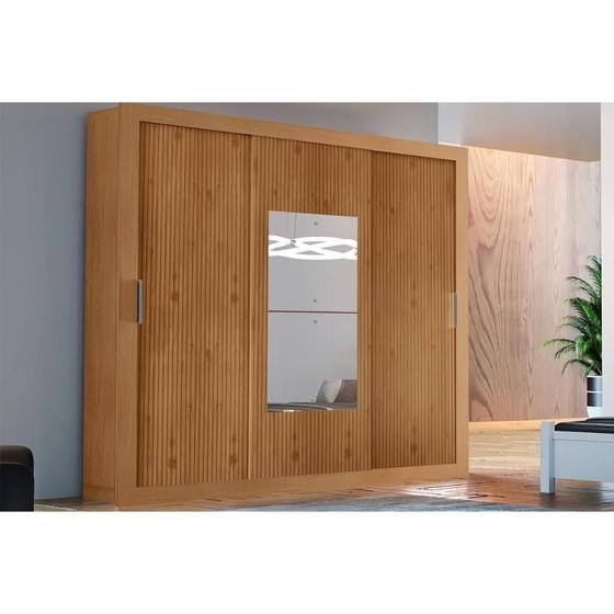 Imagem de Guarda Roupa Casal 3 Portas de Correr e 4 Gavetas c/ Espelho Veneza Premium Naturale-Naturale Ripado 3D - Flex - Rufato