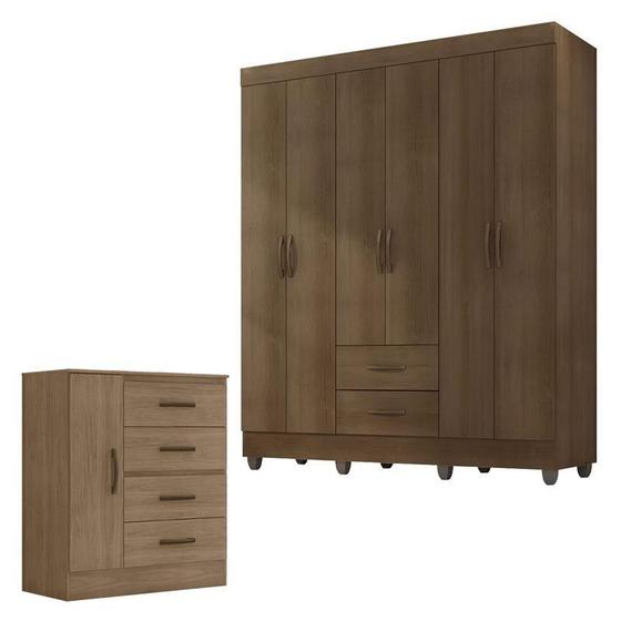 Imagem de Guarda Roupa Casal 6 Portas e Cômoda 4 Gavetas 01 Porta Lite Carvalho Oak  Móveis Leão