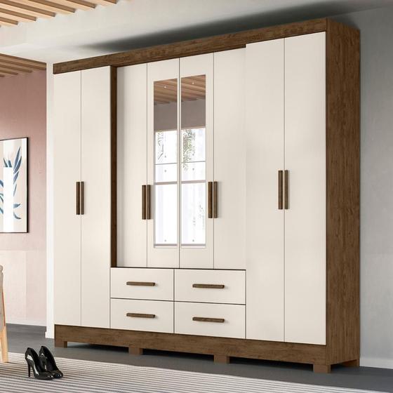 Imagem de Guarda Roupa Casal 8 portas espelho 4 gavetas Castanho Wood / Baunilha San Lorenzo Plus - Moval