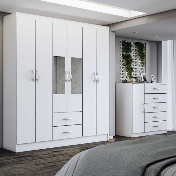 Imagem de Guarda-Roupa Casal Adam 6 Portas 2 Gavetas e Espelho com Cômoda 1 Porta 5 Gavetas Branco - Panorama Móveis