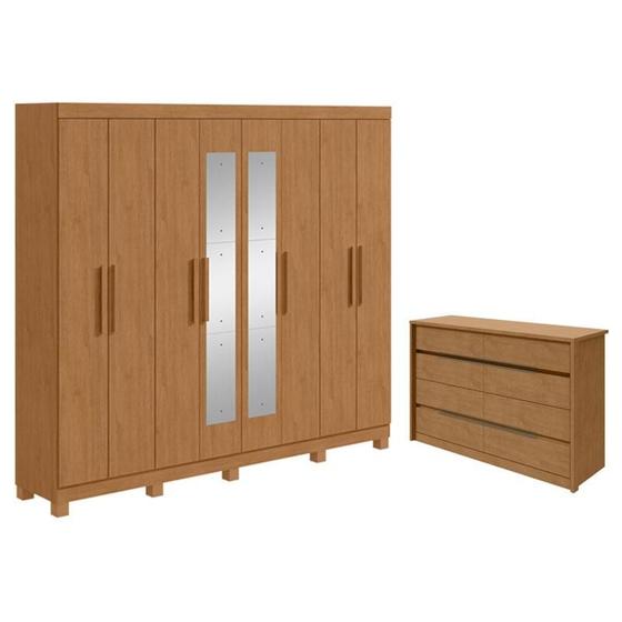 Imagem de Guarda Roupa Casal Andara Soft com Espelho e Pés com Cômoda Gaveteiro Urban Amêndoa Clean  Lopas