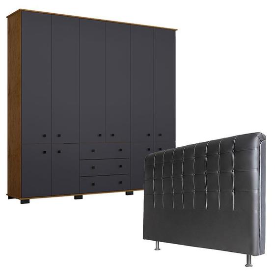 Imagem de Guarda Roupa Casal B22010 Freijó Carbono e Cabeceira Ana 195 cm Preto material sintético - Araplac