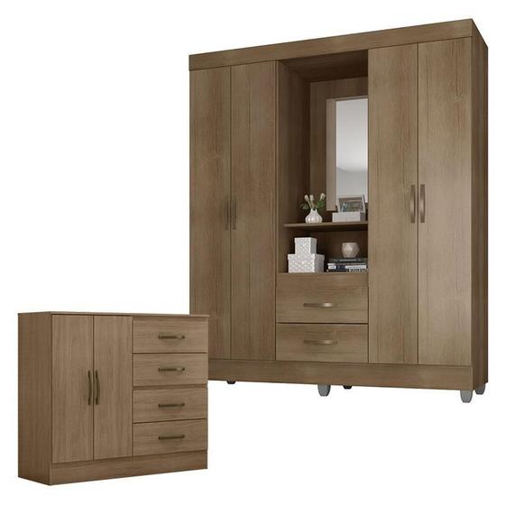 Imagem de Guarda Roupa Casal Capela e Cômoda 4 Gavetas 2 Portas Lite Carvalho Oak  Móveis Leão