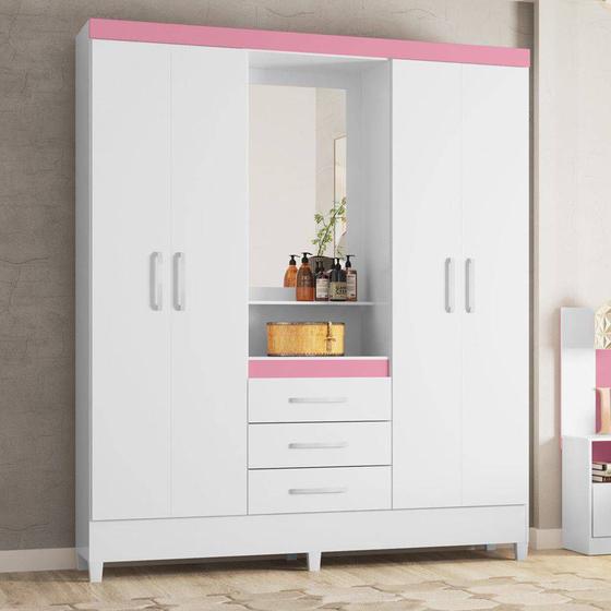 Guarda Roupa Casal Capelinha 4 Portas Pérsia Demóbile Branco Rosa Menor preço em Guarda Roupa Casal Capelinha 4 Portas Pérsia Demóbile Branco Rosa