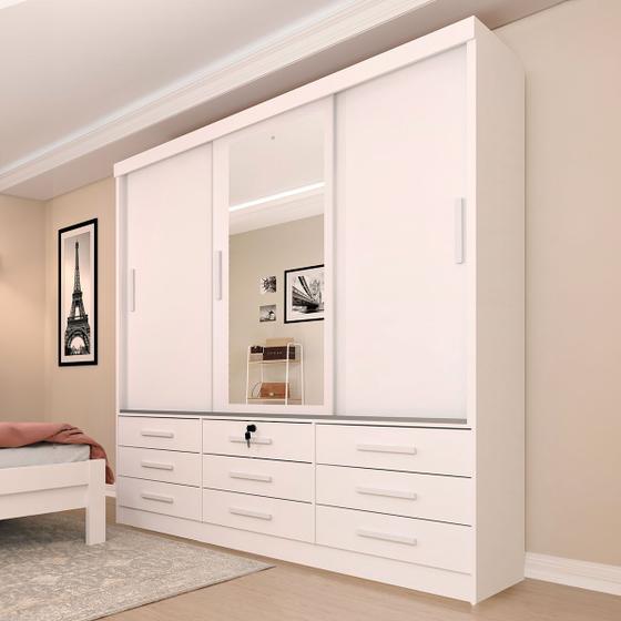 Guarda-Roupa Casal Chicago 3 Portas 9 Gavetas com Espelho Neve - Tcil Móveis Menor preço em Guarda-Roupa Casal Chicago 3 Portas 9 Gavetas com Espelho Neve - Tcil Móveis