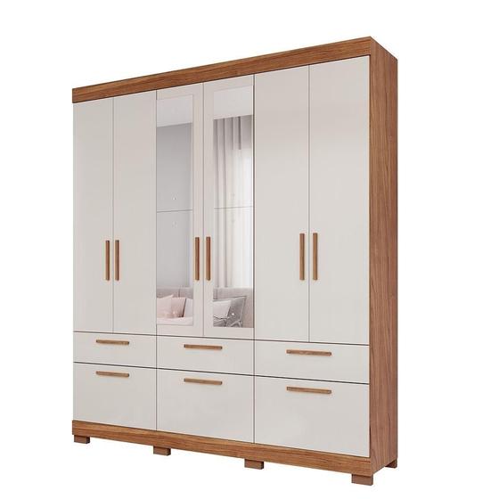 Imagem de Guarda Roupa Casal Com Espelho 100% Mdf 6 Portas 5 Gavetas Porto Panan Móveis Cinamomo/Off White