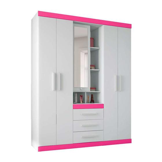 Guarda-Roupa Casal com Espelho Havana 5 PT Branco e Fúcsia Menor preço em Guarda-Roupa Casal com Espelho Havana 5 PT Branco e Fúcsia