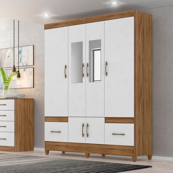 Imagem de Guarda Roupa Casal com Espelho MS912 4 portas 2 gavetas Naturale / Branco - Moval