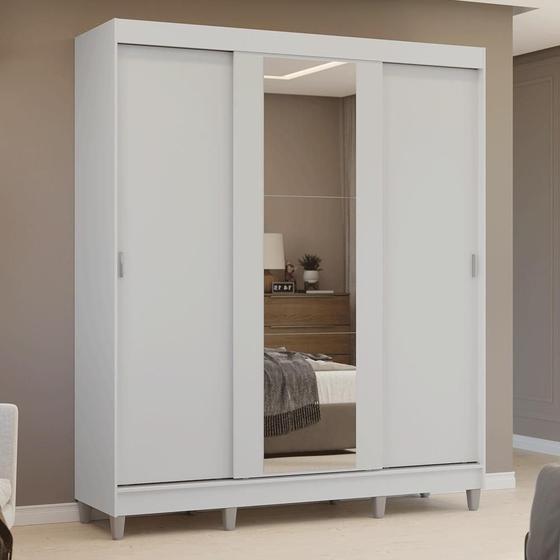 Guarda-roupa Casal Com Pés 3 Portas De Correr Com Espelho Branco Reno Madesa