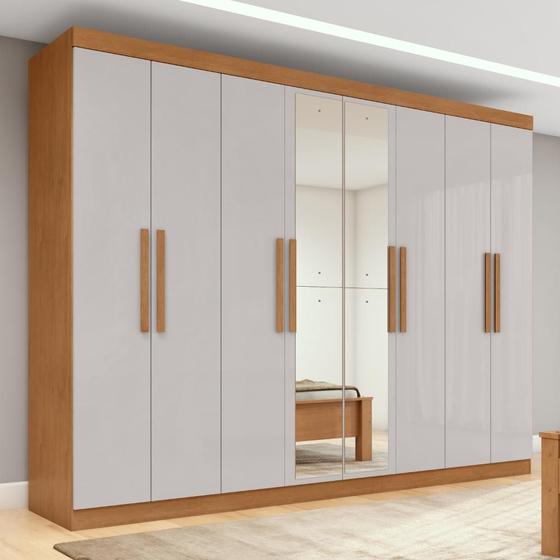 Guarda-roupa Casal Easy Slim 8 Portas Com Espelho Amendoa Clean/Off White - Móveis Lopas Imagem de Guarda-roupa Casal Easy Slim 8 Portas Com Espelho Amendoa Clean/Off White