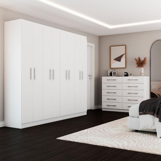 Imagem de Guarda-Roupa Casal Ele e Ela 8 Portas 8 Prateleiras e Cômoda 10 Gavetas Branco - Panorama Móveis