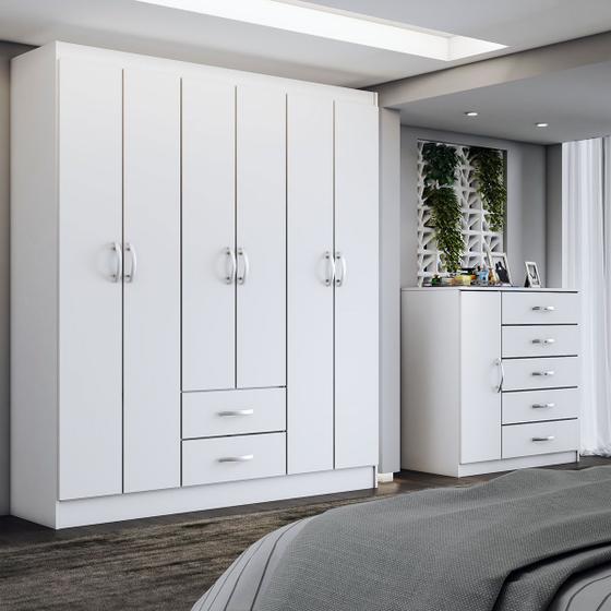 Imagem de Guarda-Roupa Casal Emily 6 Portas 2 Gavetas com Cômoda 1 Porta 5 Gavetas Branco - Panorama Móveis