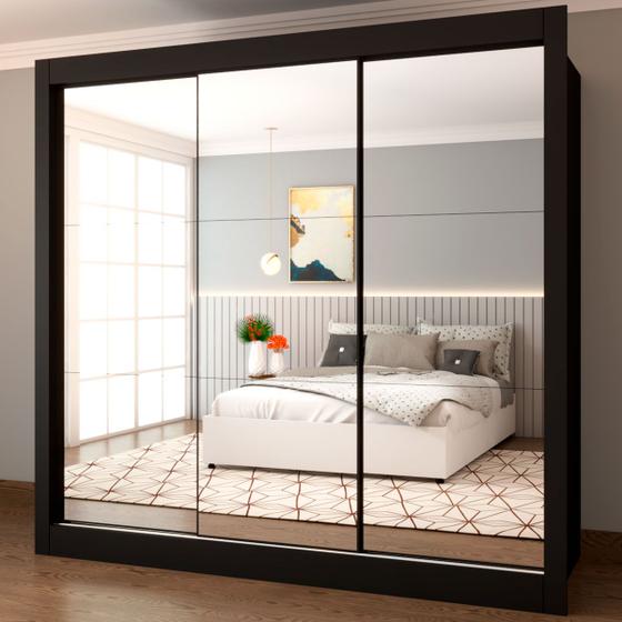 Guarda-roupa Casal Flórida 3 Portas De Correr 3 Gavetas Com Espelho Preto - Panorama Móveis Menor preço em Guarda-roupa Casal Flórida 3 Portas De Correr 3 Gavetas Com Espelho Preto - Panorama Móveis