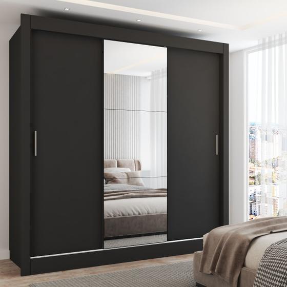 Guarda-Roupa Casal Flórida 3 Portas de Correr com Espelho Preto Fosco - Panorama Móveis Menor preço em Guarda-Roupa Casal Flórida 3 Portas de Correr com Espelho Preto Fosco - Panorama Móveis