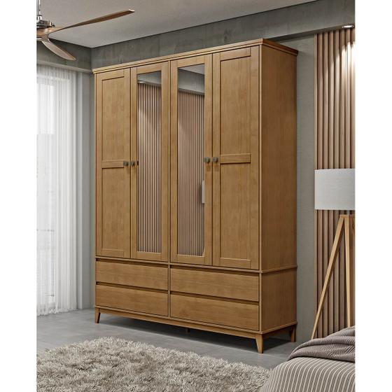 Imagem de Guarda-Roupa Casal Linha Prata Freijó 4 Portas Espelhos 4 Gavetas Madeira Pinus com MDF - Finestra