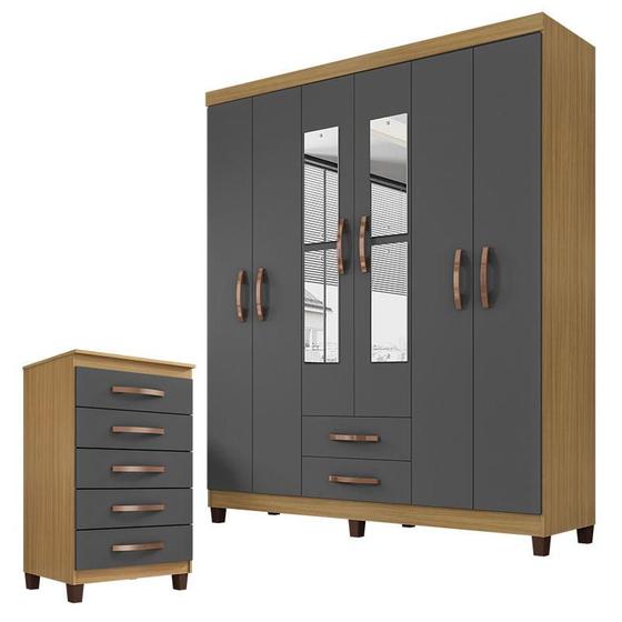 Guarda Roupa Casal Modena com Cômoda Cannes 5 Gavetas Grafite Incorplac Menor preço em Guarda Roupa Casal Modena com Cômoda Cannes 5 Gavetas Grafite Incorplac
