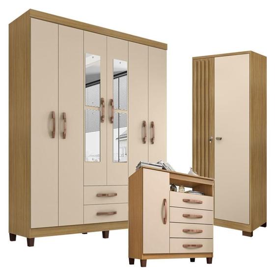 Imagem de Guarda Roupa Casal Modena com Espelho 6 Portas e Cômoda Sapateira Cannes com Armário Multiuso Versatile Carvalho Americano Off White  Incorplac