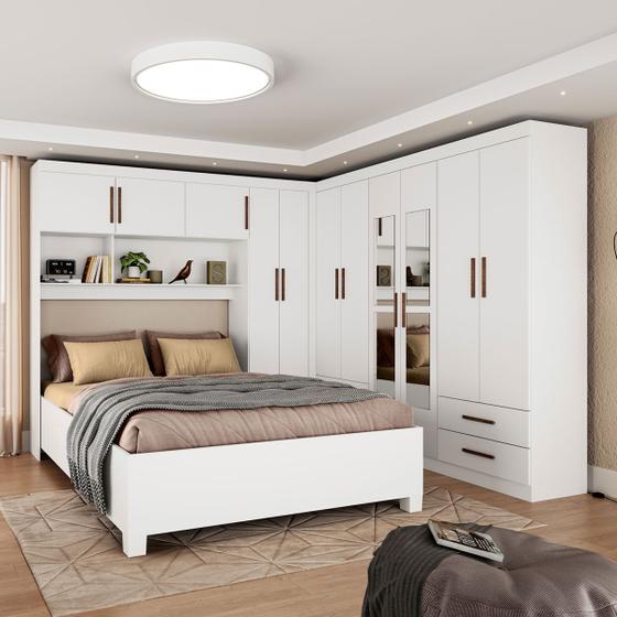 Imagem de Guarda-Roupa Casal Modulado com Cama Hércules 11 Portas 6 Gavetas com Espelho Branco - Carioca Móveis