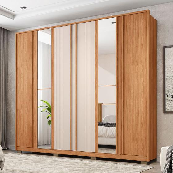 Imagem de Guarda-Roupa Casal Mozart Lux 6 Portas 4 Gavetas Ripado com Espelho Freijo/Off White - Caemmun