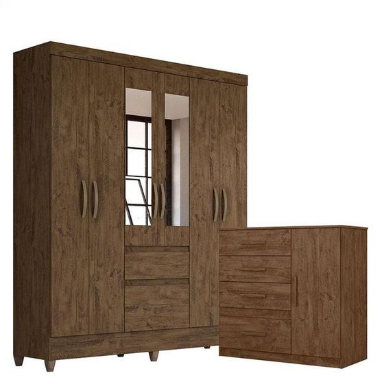 Imagem de Guarda Roupa Casal New Cuba Com Espelho E Cômoda Venus Castanho Wood Flex- Moval