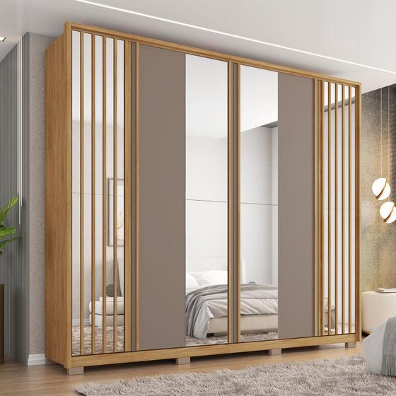 Imagem de Guarda-Roupa Casal Orfeus Lux 6 Portas 6 Gavetas com Espelho Ripado Buriti/Fendi - Caemmun