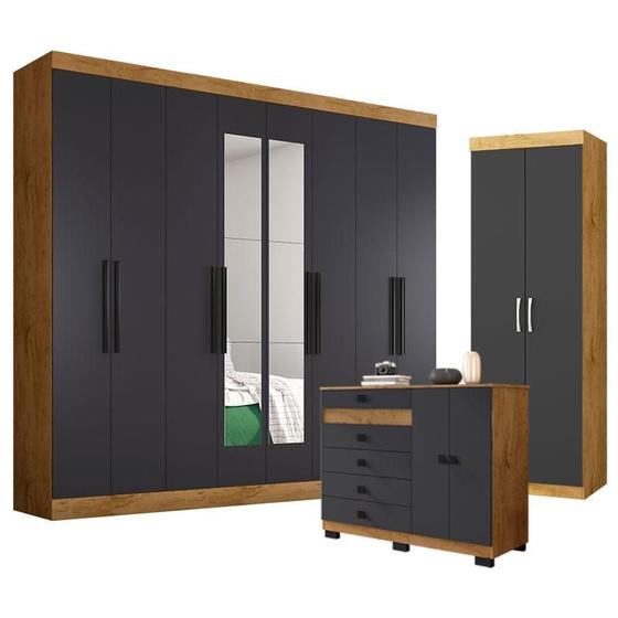 Imagem de Guarda Roupa Casal Prime 1684 com Espelho e Multiuso 6020 com Cômoda 2352 Freijó Carbono - Araplac