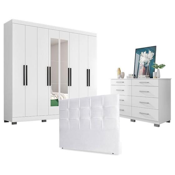 Imagem de Guarda Roupa Casal Prime 1684 com Espelho e Pés Reto News Cinza com Cômoda 8050 e Cabeceira Luiza 140cm Branco - Araplac