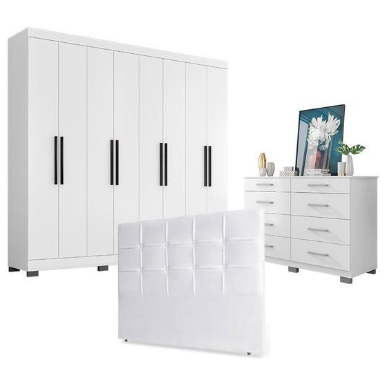 Imagem de Guarda Roupa Casal Prime 1684 com Pés Reto News Cinza e Cômoda 8050 com Cabeceira Luiza 140cm Branco - Araplac