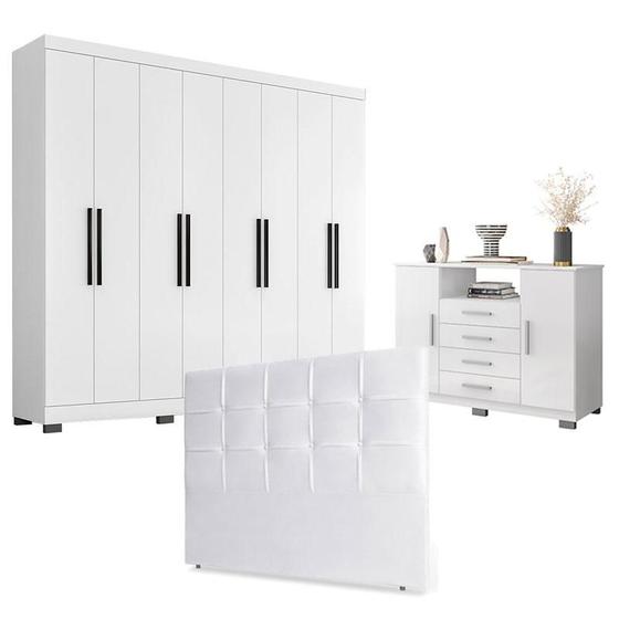 Imagem de Guarda Roupa Casal Prime 1684 com Pés Reto News Cinza e Cômoda Sapateira 8020 com Cabeceira Luiza 140cm Branco - Araplac