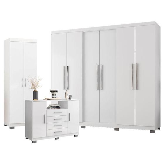 Imagem de Guarda Roupa Casal Prime 6000 com Cômoda 8020 e Multiuso 6020 Branco com New Pés - Araplac