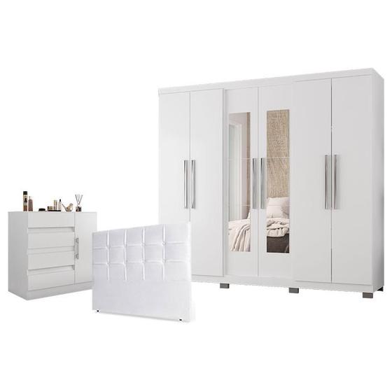 Imagem de Guarda Roupa Casal Prime 7000 com New Pés e Cômoda 8000 com Cabeceira Luiza 140cm Branco - Araplac