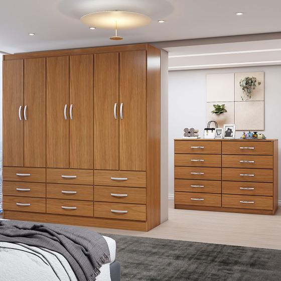 Guarda-Roupa Casal Ruby 6 Portas 9 Gavetas com Cômoda 10 Gavetas Cinamomo - Panorama Móveis Menor preço em Guarda-Roupa Casal Ruby 6 Portas 9 Gavetas com Cômoda 10 Gavetas Cinamomo - Panorama Móveis