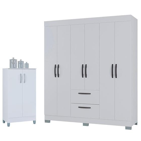 Imagem de Guarda Roupa Casal Tóquio 6 Portas com Armário Multiuso 2 Portas Pequeno Branco Brilho - Poquema