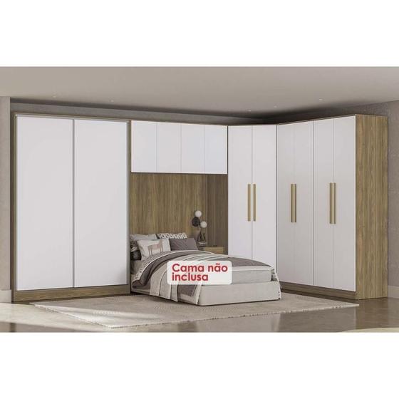 Imagem de Guarda Roupa Closet de Quarto Adapt 5 Peças (2 Armários + 1 Ponte Aérea + 1 de Canto Obliquo + 1 Complemento) QCM131 Nogueira/Branco - Kappesberg