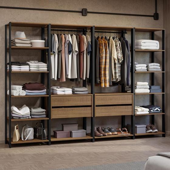 Imagem de Guarda-Roupa Closet Modulado Valencia 4 Gavetas 258cm Rustic/Preto Madesa 01