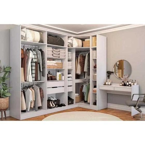 Imagem de Guarda Roupa Closet Solteiro Adapt 4 Peças (1 Aberto + 1 Módulo Aberto + 1 de Canto Obliquo + 1 Escrivaninha) QCM72 Branco - Kappesberg