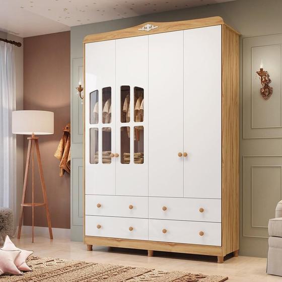 Imagem de Guarda-roupa de Bebê 156,80cm 4 Portas com Janela e 4 Gavetas 100% Mdf Maya Clássico Espresso Móveis Branco Brilho/Amêndoa