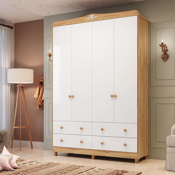 Imagem de Guarda-roupa de Bebê 156,80cm 4 Portas e 4 Gavetas 100% Mdf Maya Clássico Espresso Móveis Branco Brilho/Amêndoa