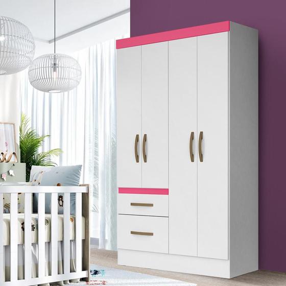 Imagem de Guarda Roupa De Bebê 4 Portas 2 Gavetas Branco Rosa Flex Martin Shop JM