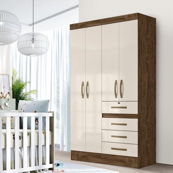 Imagem de Guarda Roupa De Bebê 4 Portas 4 Gavetas Castanho Wood Off White Seth Shop JM