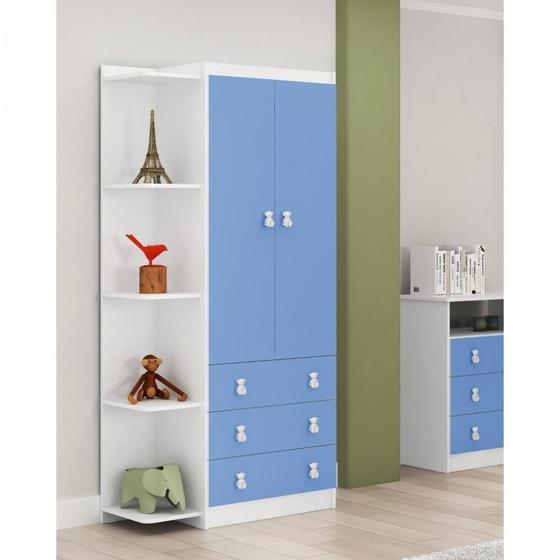 Imagem de Guarda Roupa de Bebê Arco-íris com Canto 2 Portas 3 Gavetas DJD Móveis Azul
