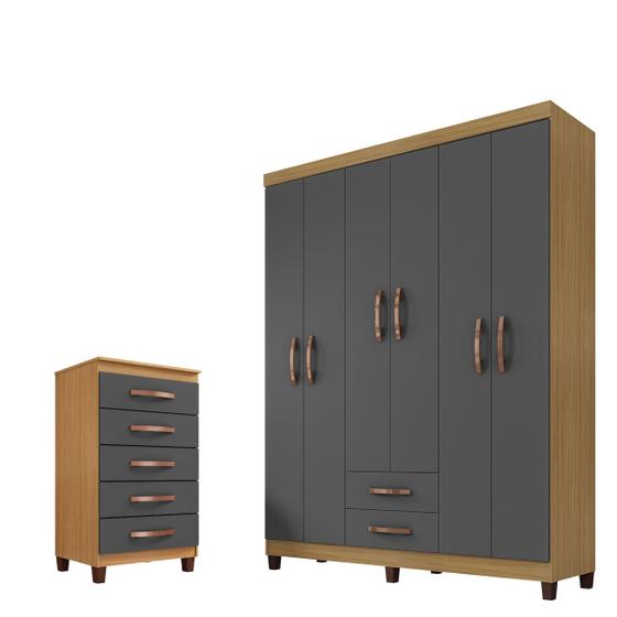 Imagem de Guarda Roupa De Casal 6 Portas e 2 Gavetas Sem Espelho Com Cômoda Sapateira 5 Gavetas Carvalho Americano - Grafite - ÉdeCasaMóveis