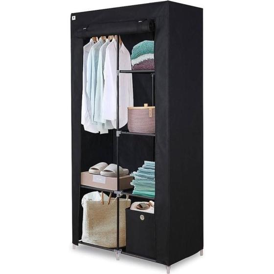 Imagem de Guarda roupa duplo portatil cabideiro arara roupas 5 prateleiras armario dobravel organizador preto