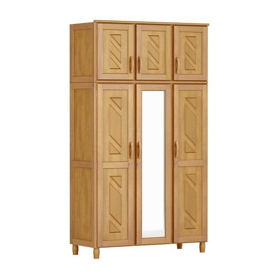 Guarda-Roupa Grécia Solteiro Mel com Espelho 6 Portas 3 Gavetas e Maleiro Madeira Maciça de Pinus - Cavazotto Menor preço em Guarda-Roupa Grécia Solteiro Mel com Espelho 6 Portas 3 Gavetas e Maleiro Madeira Maciça de Pinus - Cavazotto